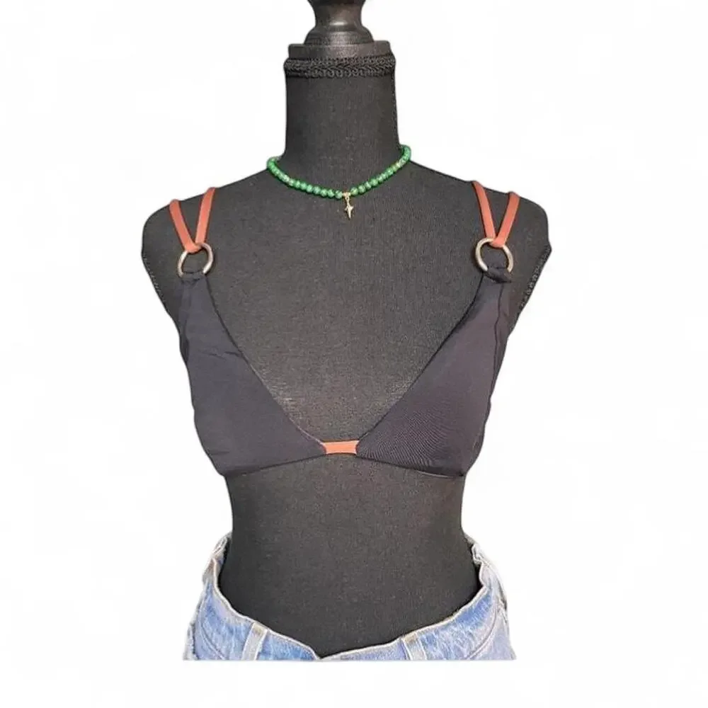 WeWoreWhat Black Triangle Bikini Top Brown Strap Ring Detail Strappy Women’s M - Picture 2 of 6